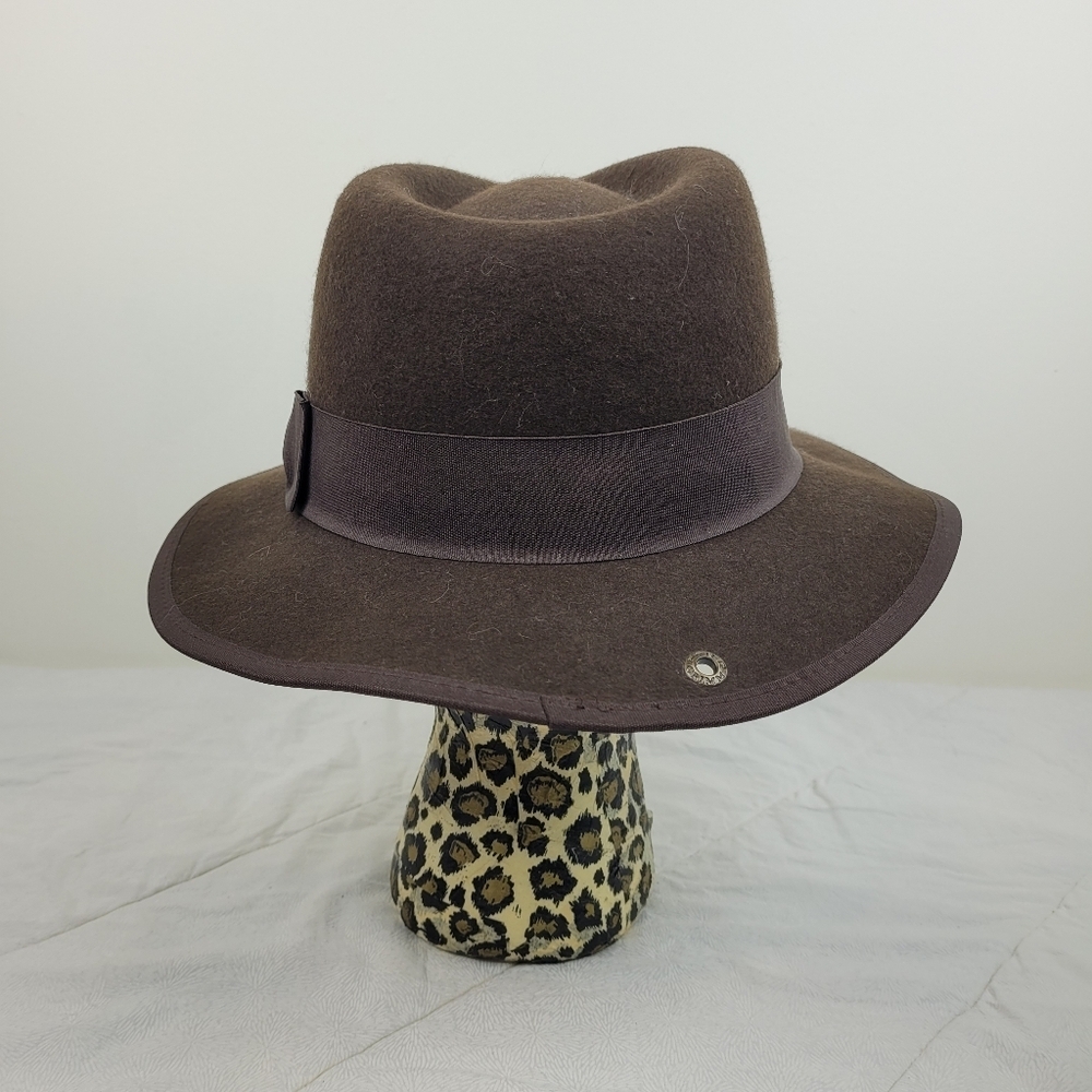 Peter Grimm Classic Wide Brim 100% Wool Brown Fedora Hat ribbon hat band and bow - Picture 10 of 11